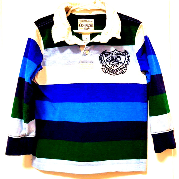 OshKosh Rugby Shirt Boys Size 5 Blue Green White Striped Long Sleeves Collared - Picture 7 of 7